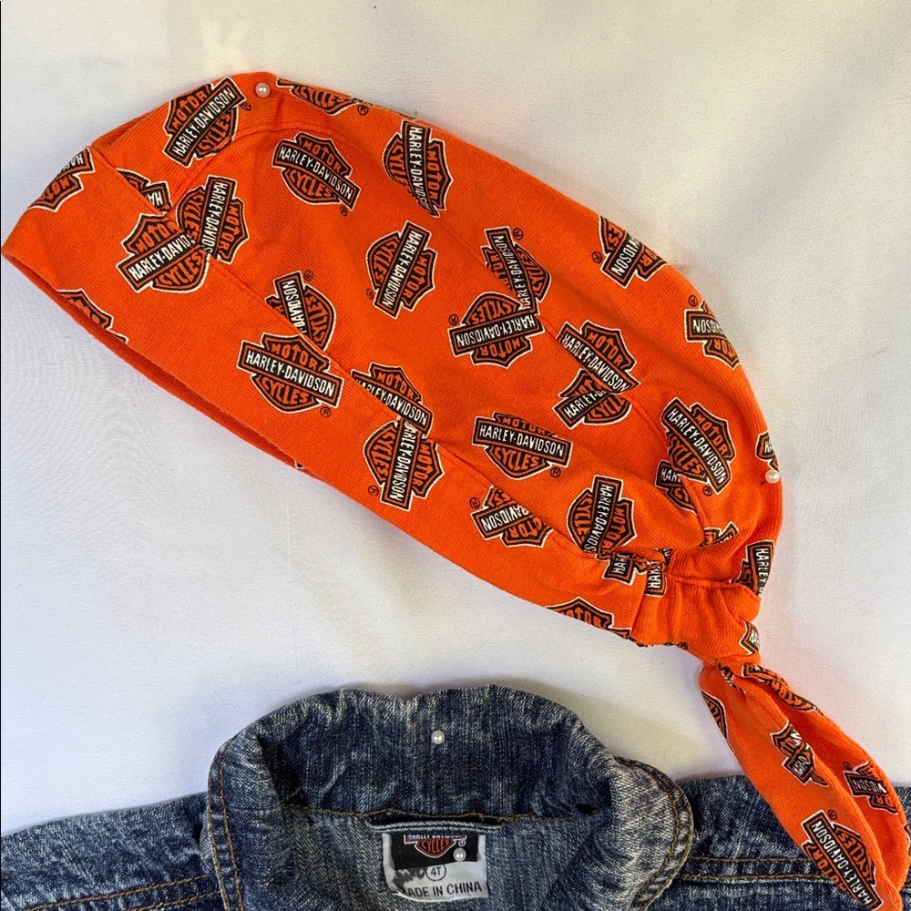VINTAGE LIKE NEW! HARLEY-DAVIDSON DENIM BLUE JEANS JACKET & HEADWRAP SIZE 4T - Picture 6 of 16